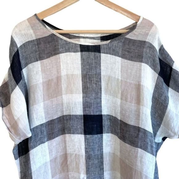 Buffalo Plaid Cuffed Sleeves 100% Linen Top - Picture 4 of 5